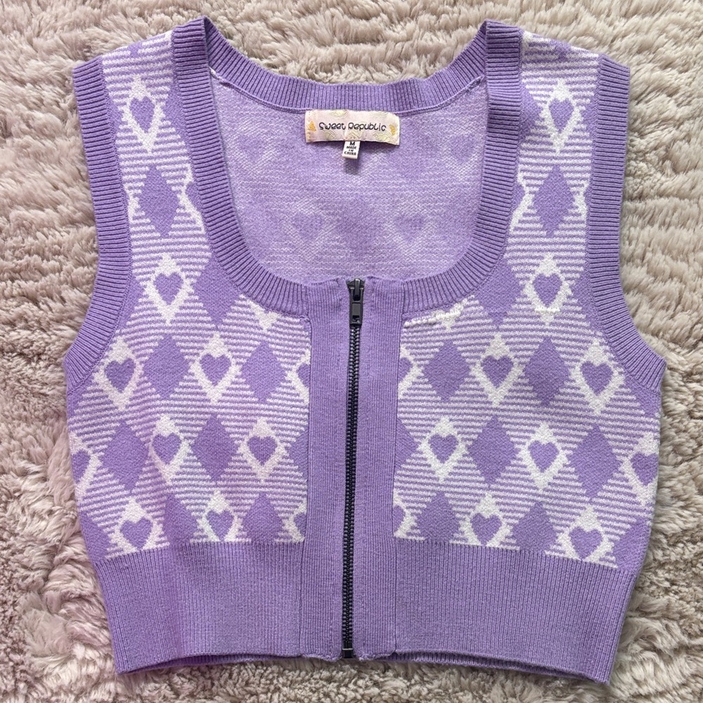 Purple preppy Heart Patterned cropped Zip-Up Vest💜🤍